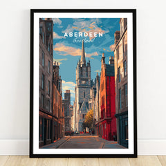 Aberdeen Scotland travel poster print with city skyline and historic street art for home decor