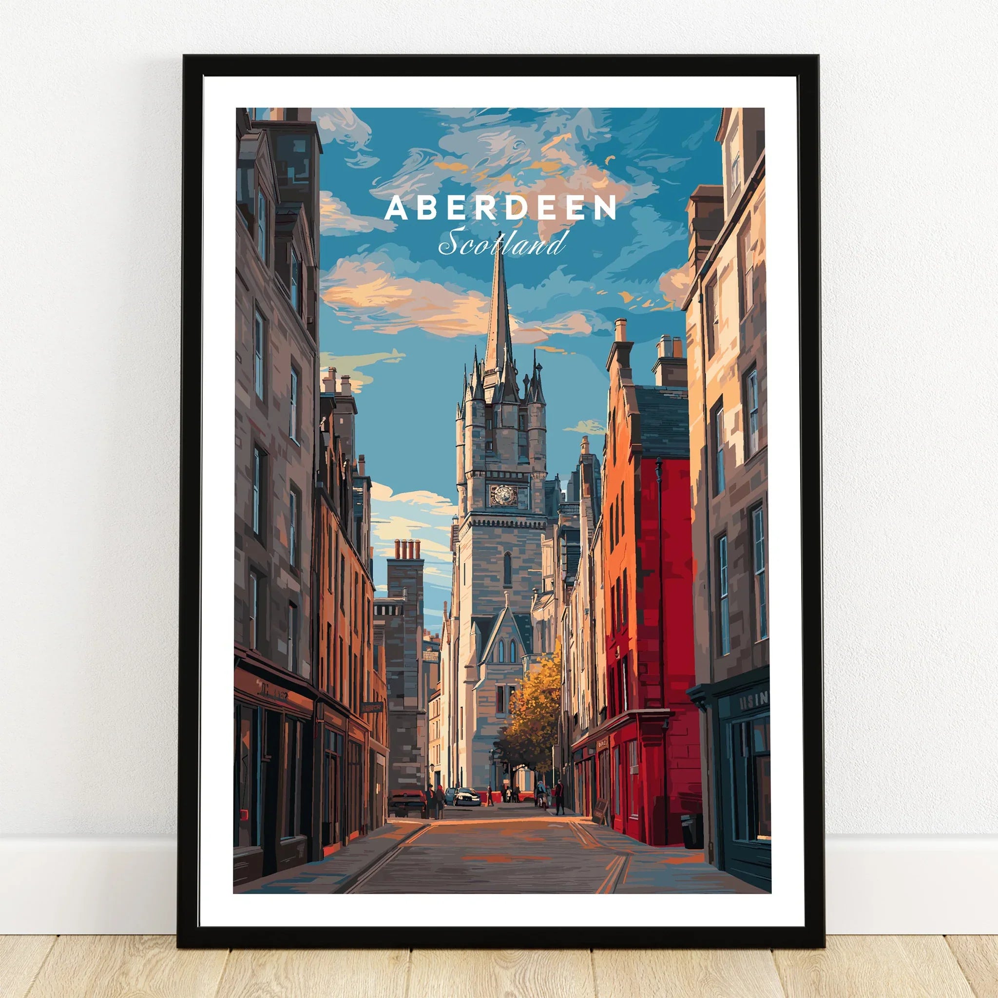 Aberdeen Scotland travel poster print with city skyline and historic street art for home decor