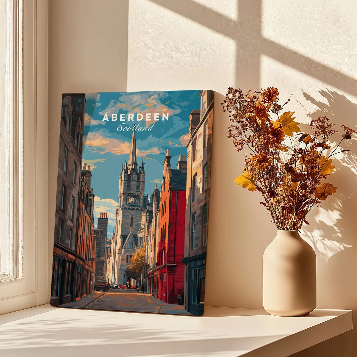 Aberdeen Scotland cityscape wall art print on windowsill with dried flowers, perfect for home decor