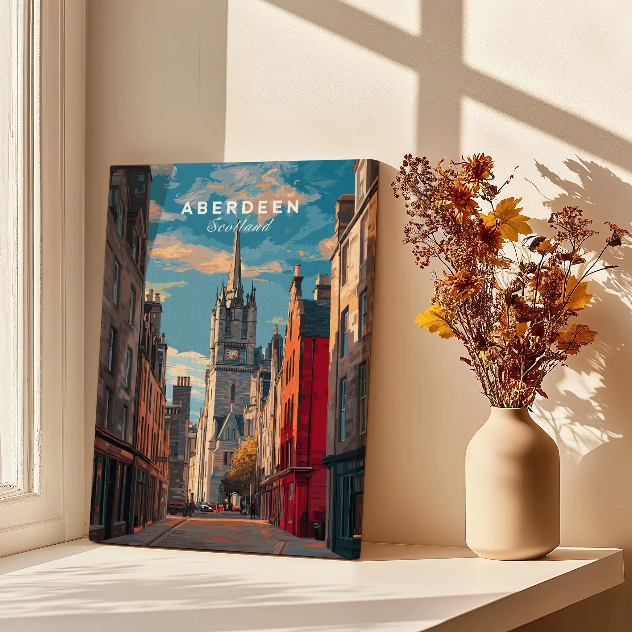 Aberdeen Scotland cityscape wall art print on windowsill with dried flowers, perfect for home decor