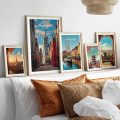 Framed travel posters of Paris, Aberdeen, Copenhagen, Tokyo, Barcelona for home wall art decor
