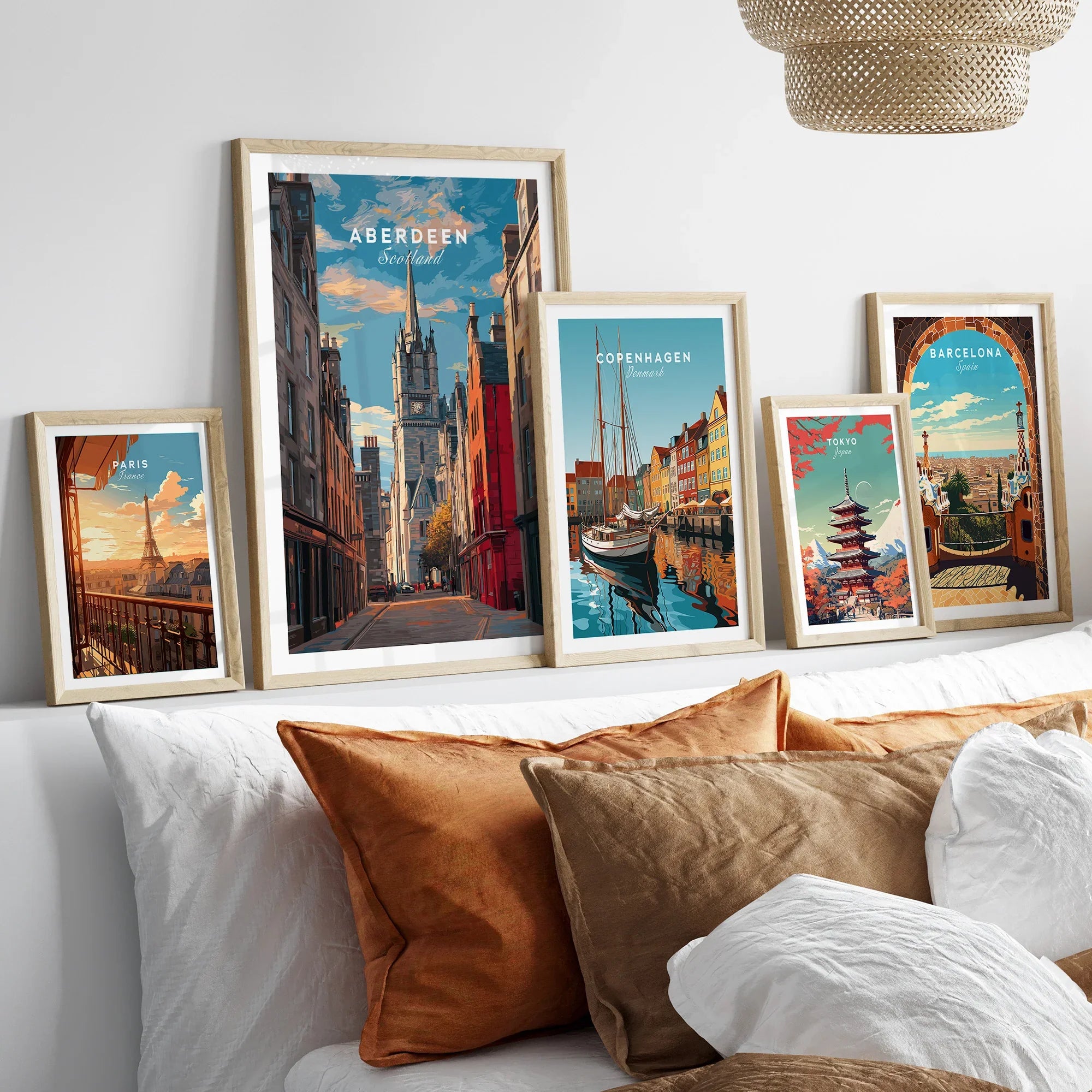 Framed travel posters of Paris, Aberdeen, Copenhagen, Tokyo, Barcelona for home wall art decor