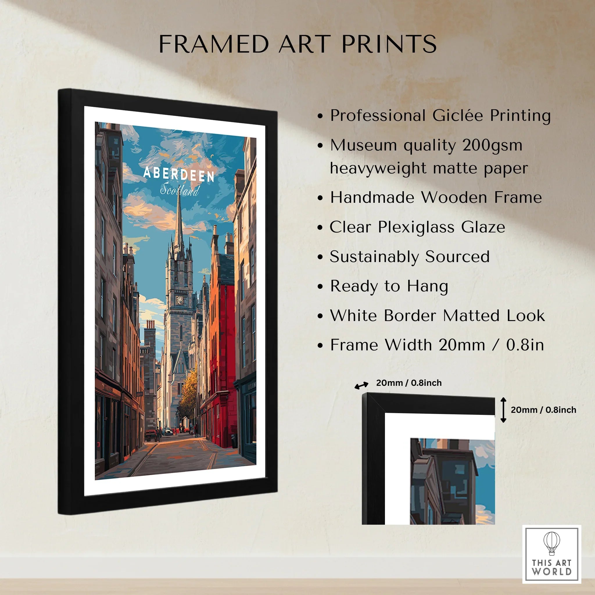 Aberdeen Scotland travel poster art print in black frame, city skyline wall decor with white mat