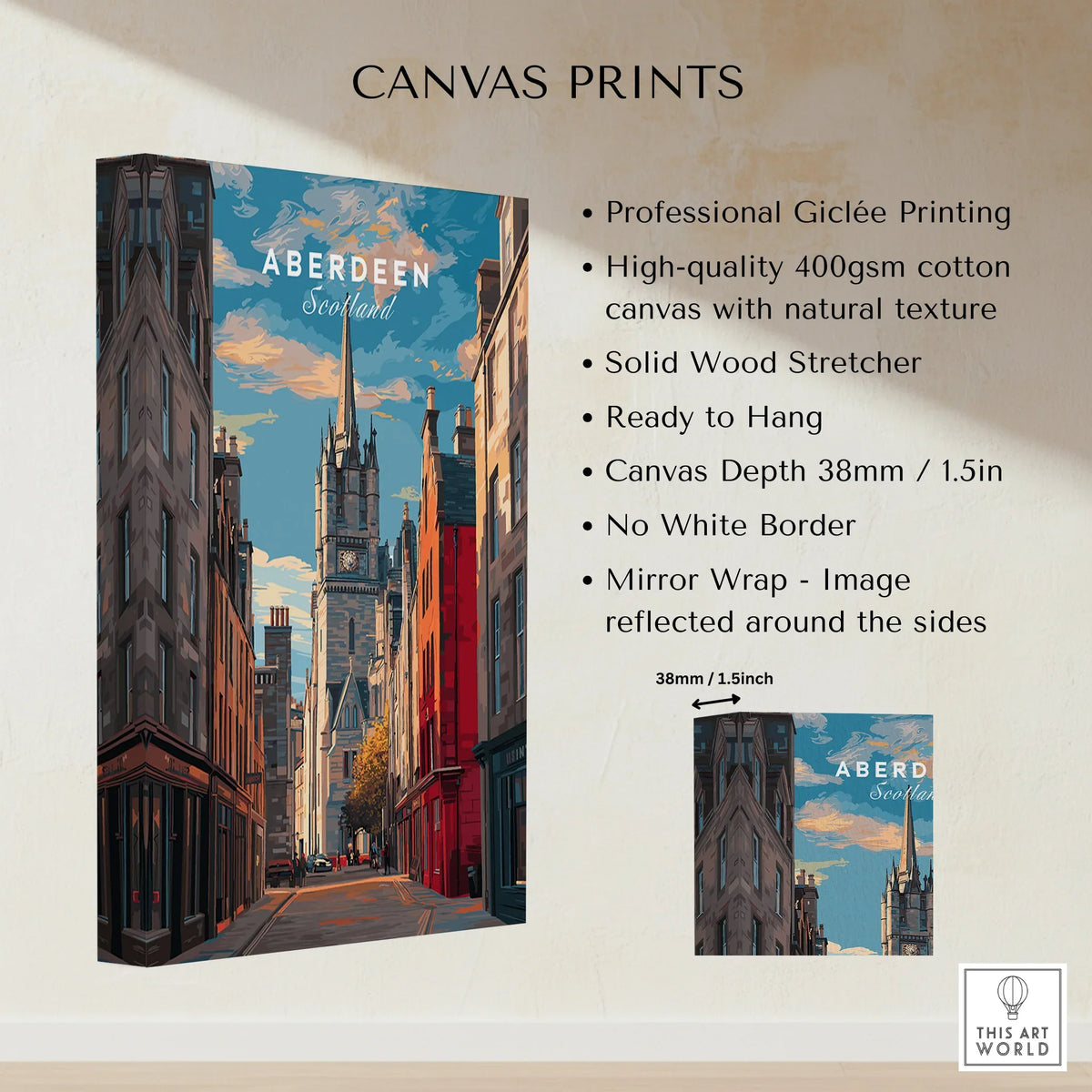 Aberdeen Scotland cityscape canvas print with historic buildings and church spire, ready to hang wall art