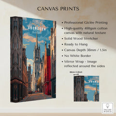 Aberdeen Scotland cityscape canvas print with historic buildings and church spire, ready to hang wall art