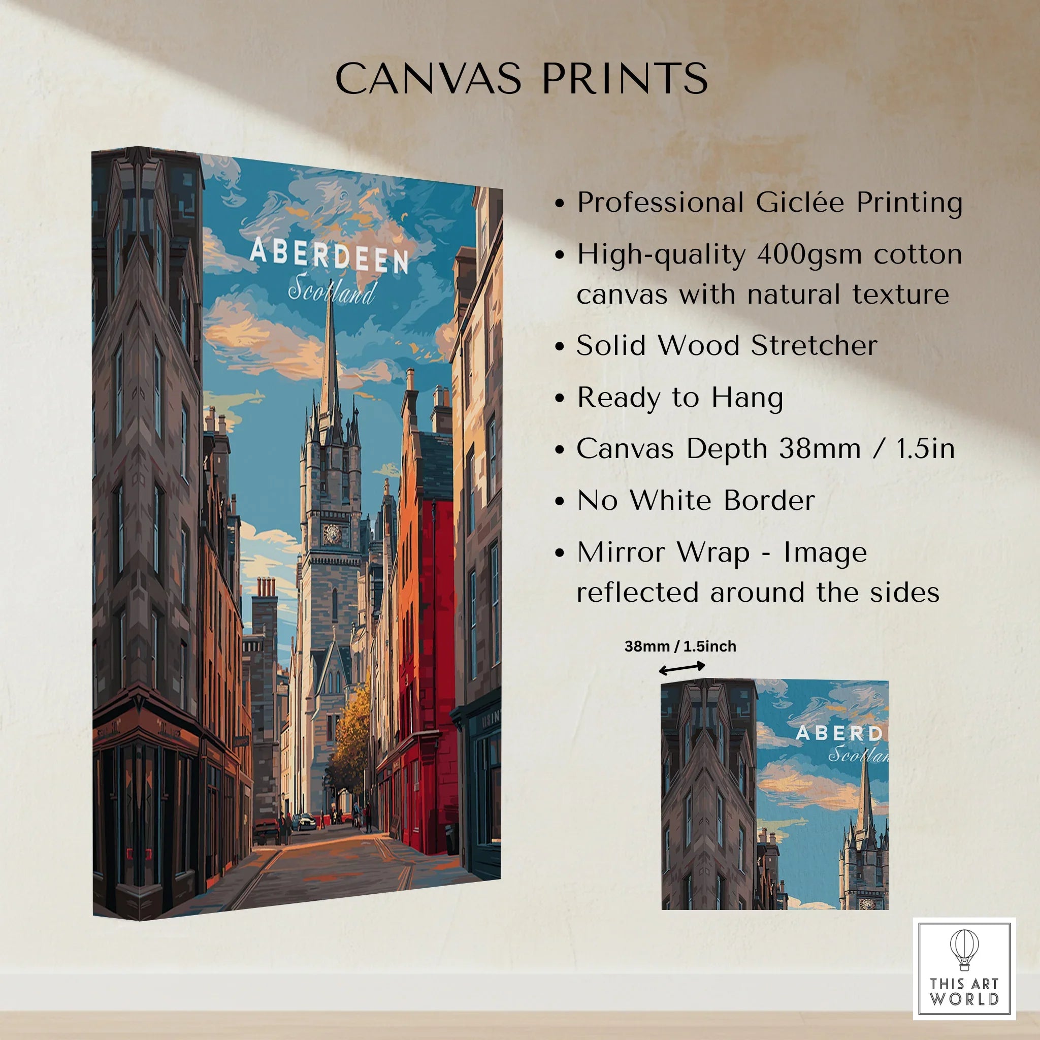 Aberdeen Scotland cityscape canvas print with historic buildings and church spire, ready to hang wall art
