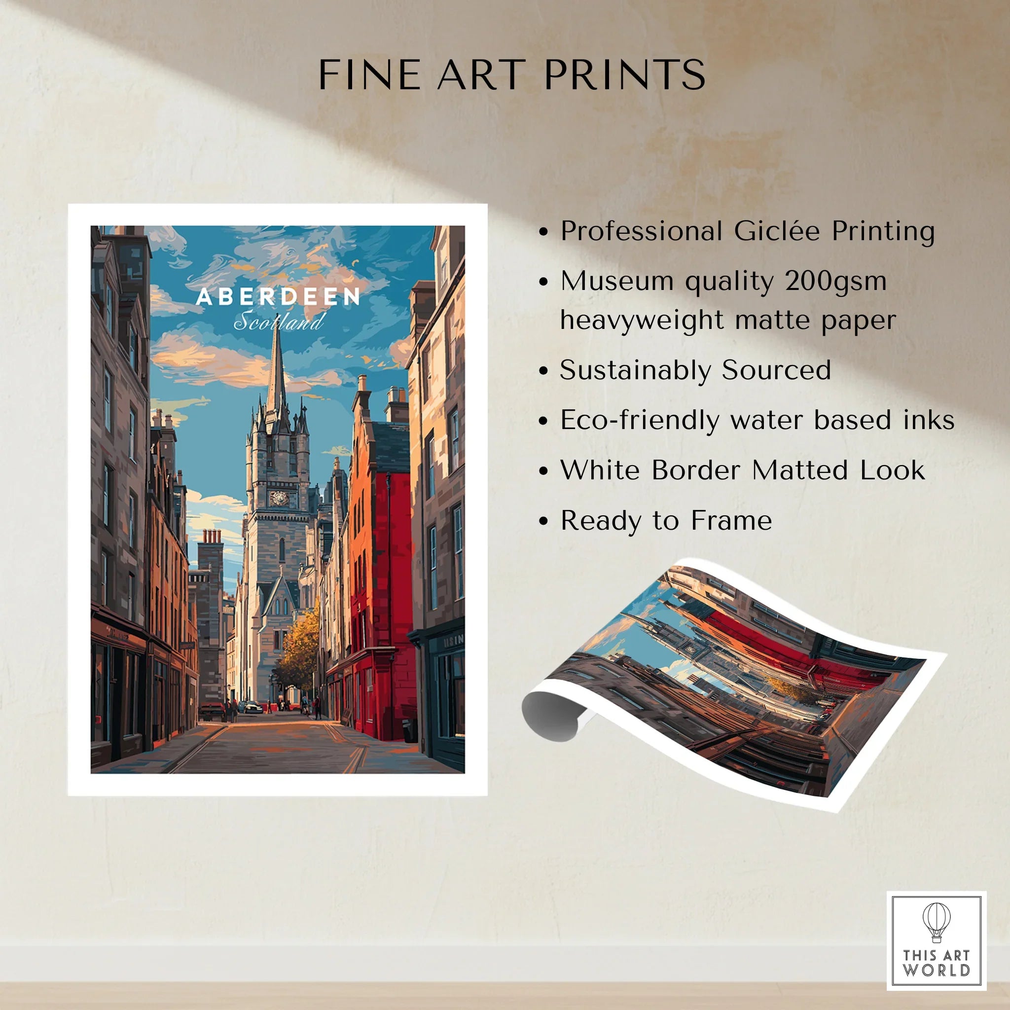 Aberdeen Scotland cityscape fine art print with white border, ready to frame wall decor