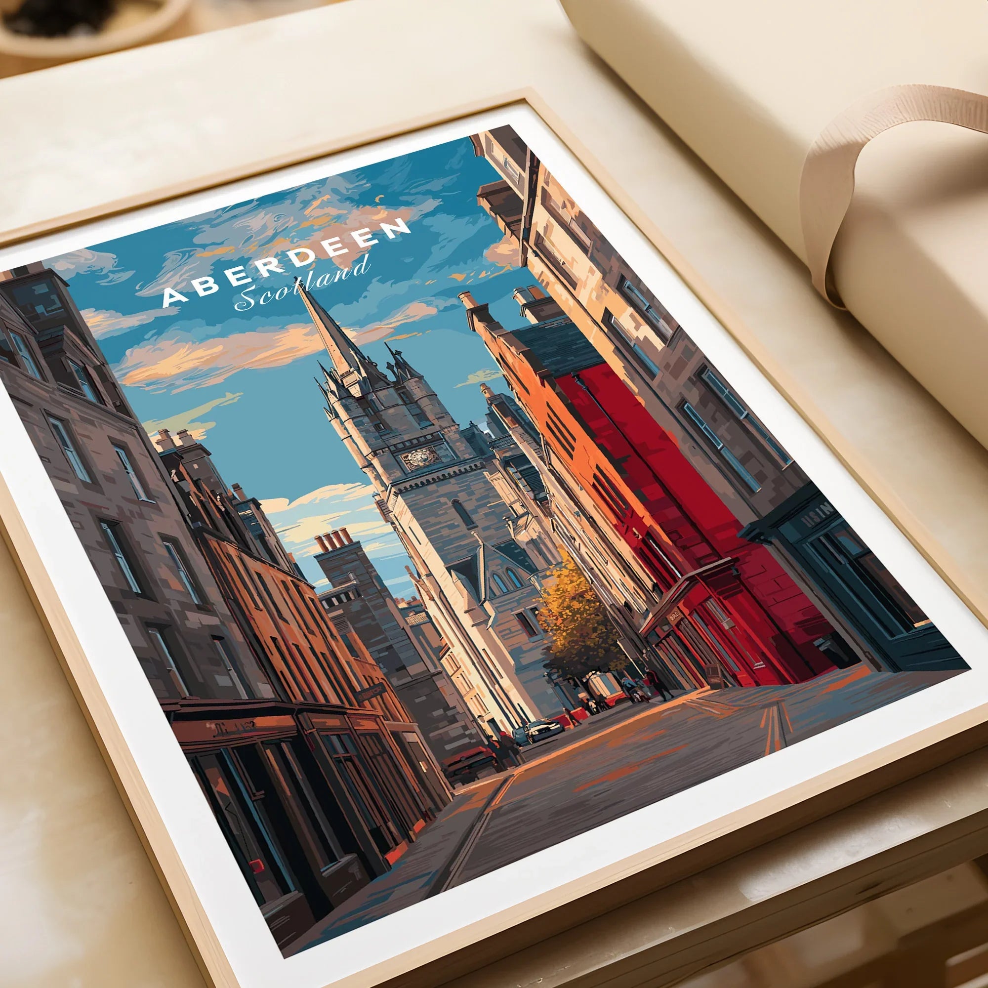 Aberdeen Scotland travel poster art print with city skyline and historic architecture, perfect for wall decor.