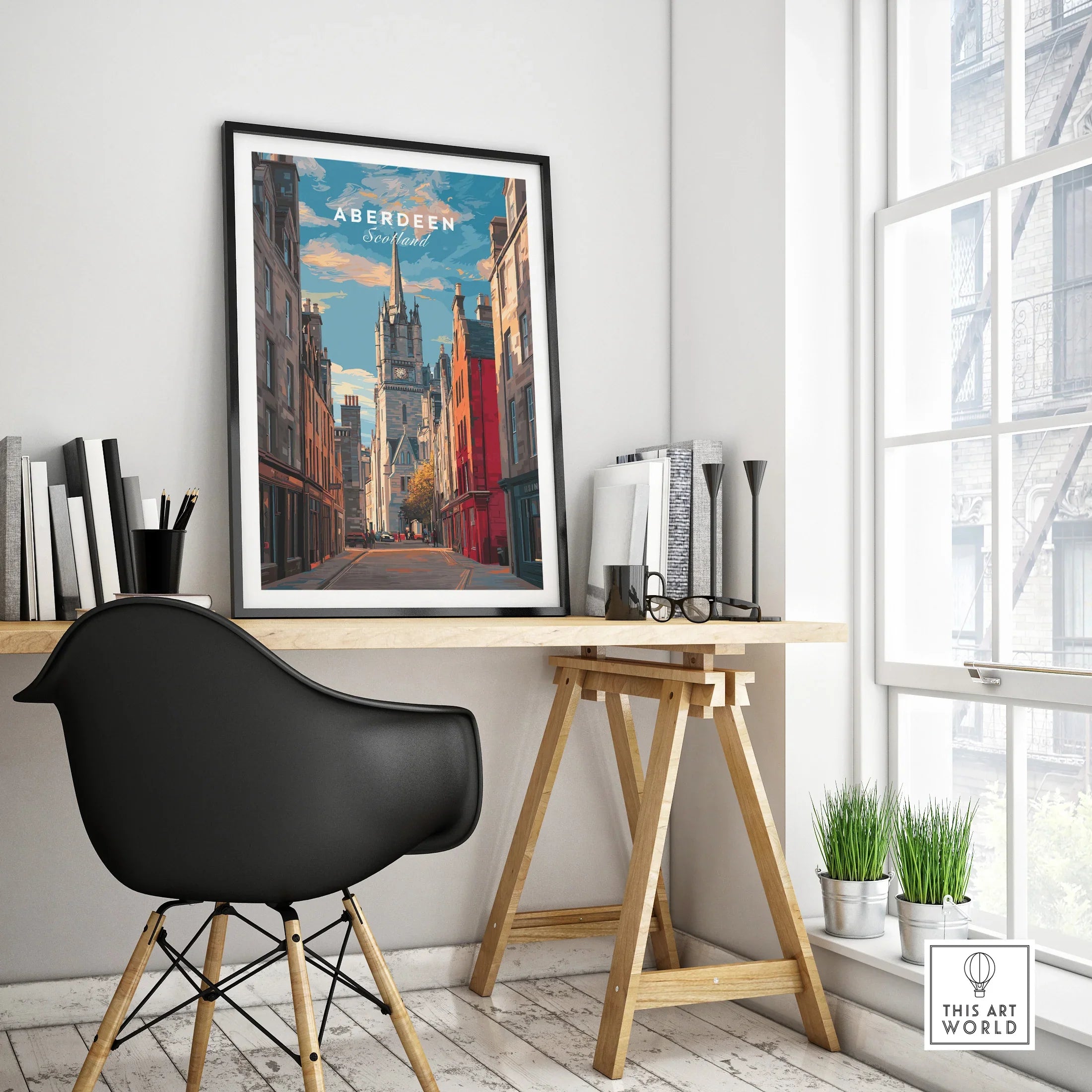 Aberdeen Scotland travel poster wall art, city skyline print for home decor, framed above desk