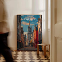 Aberdeen Scotland travel poster wall art featuring city skyline and historic architecture, perfect for home decor.