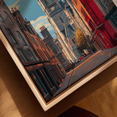 City skyline wall art print featuring vibrant street scene with clock tower, perfect for home decor