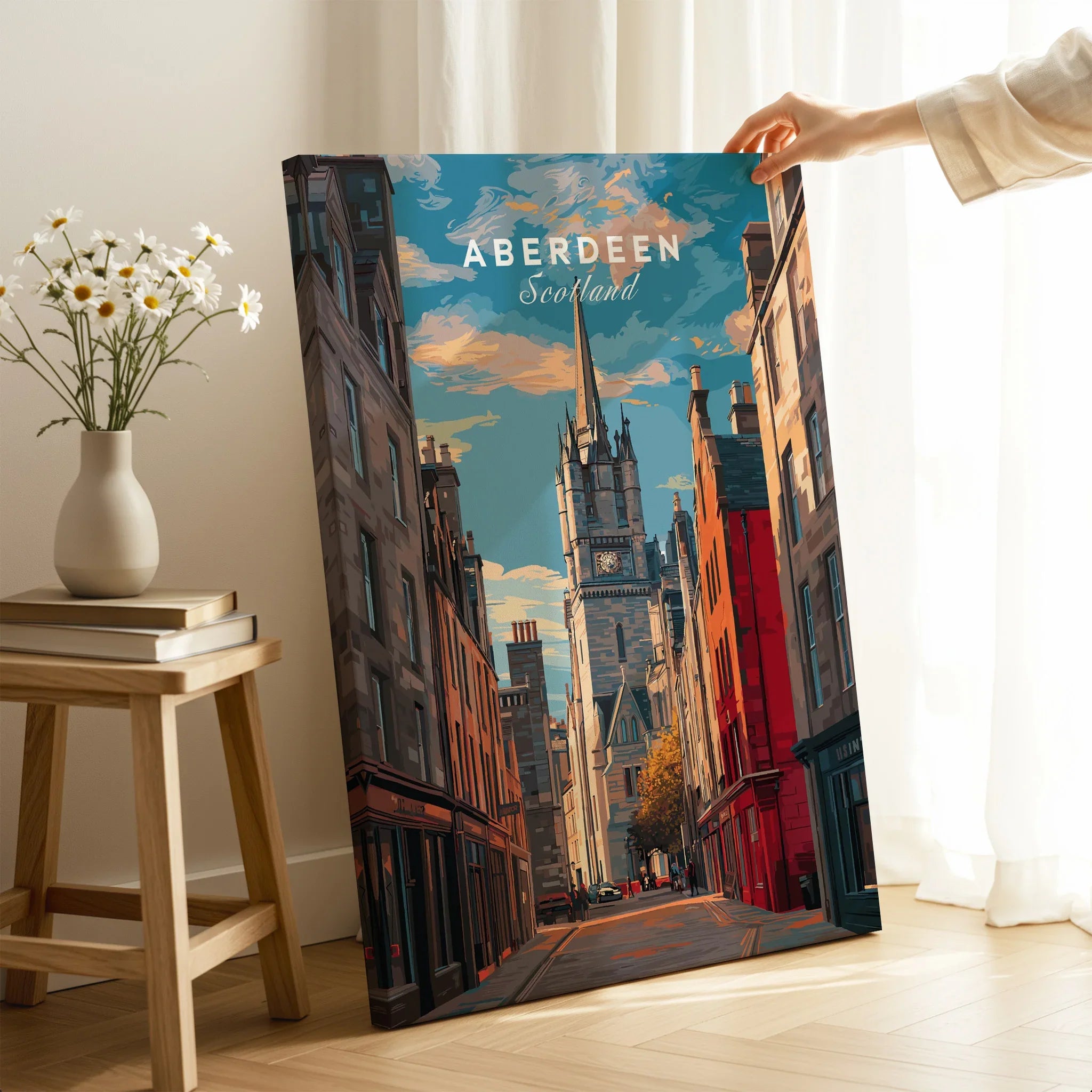 Aberdeen Scotland cityscape wall art print with vibrant street scene and historic architecture for home decor