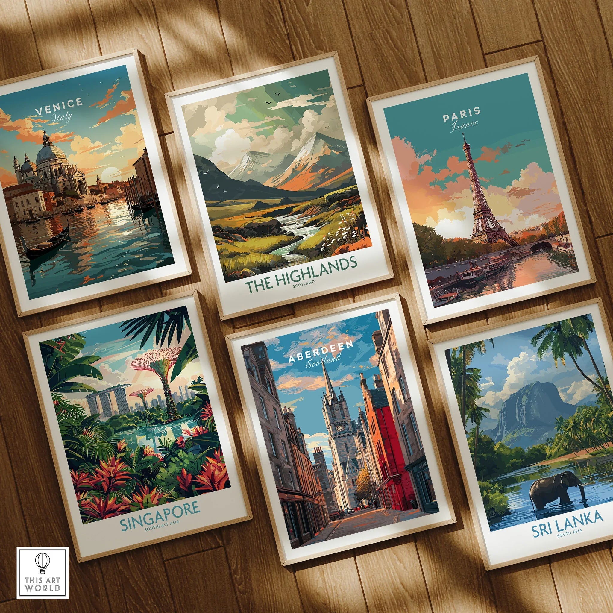 Framed travel posters of Venice, Paris, Singapore, Sri Lanka, Aberdeen & The Highlands for wall art decor