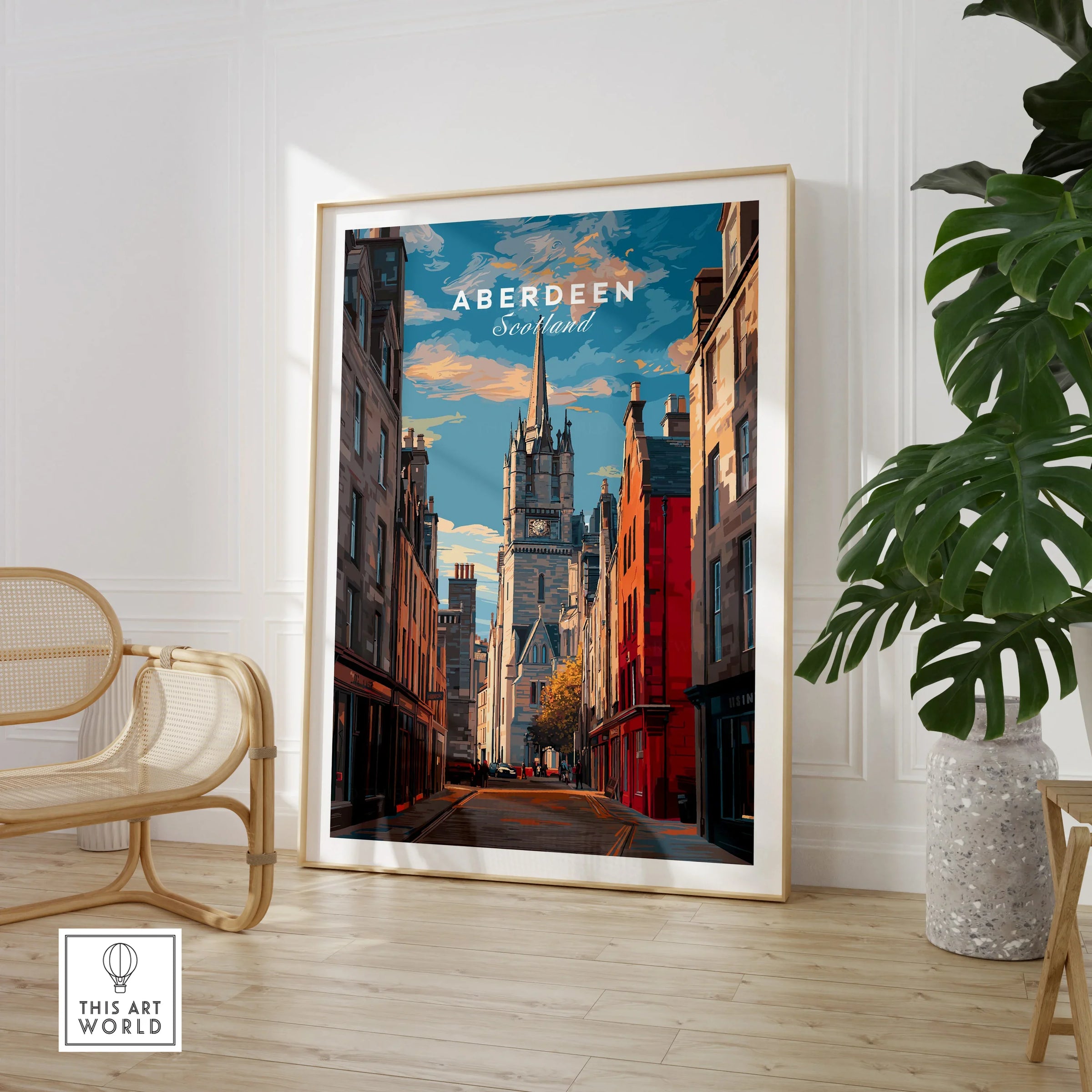 Aberdeen Scotland travel poster print with city skyline art, perfect for home decor wall art.