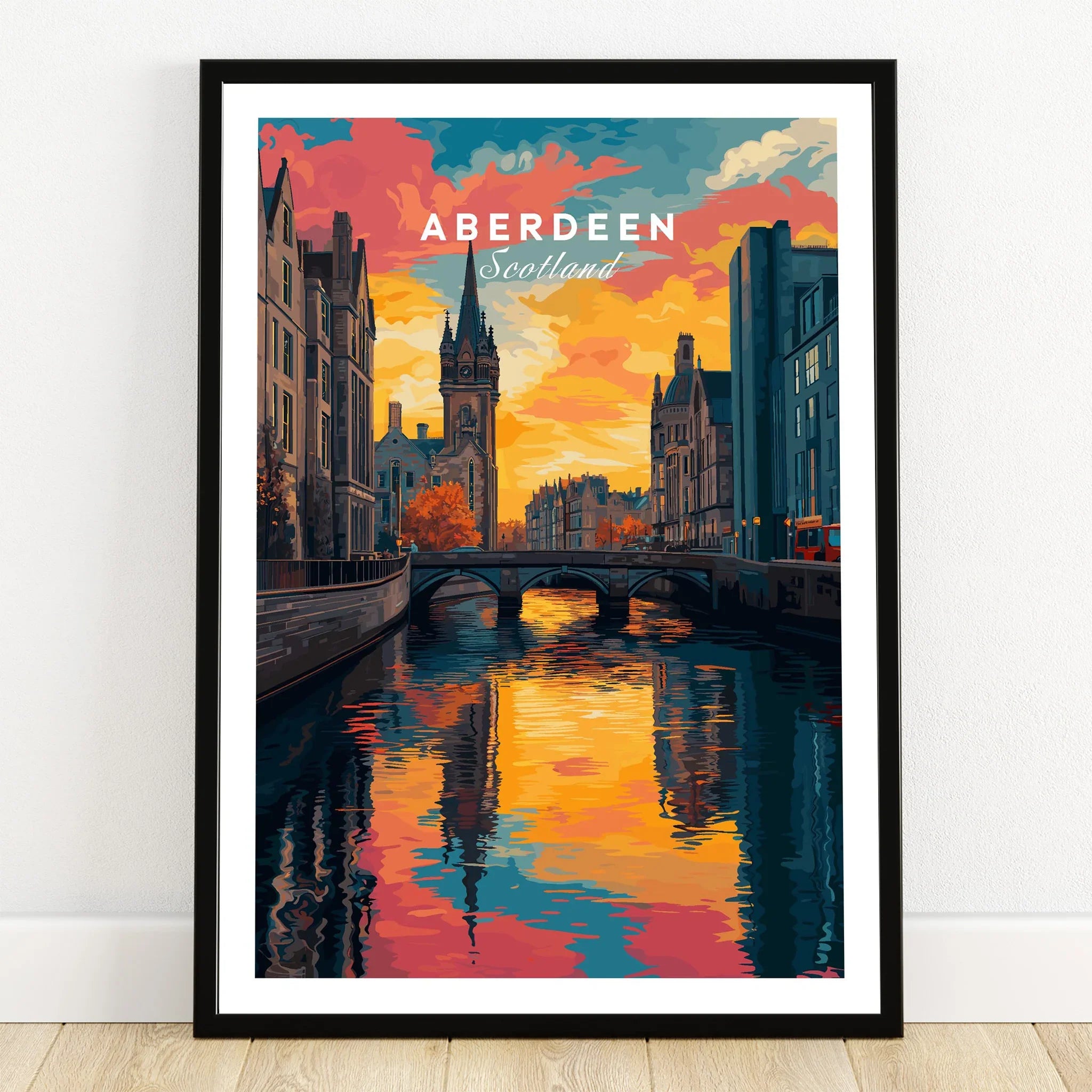 Aberdeen Scotland travel poster with canal, bridge, and sunset skyline art print for home decor