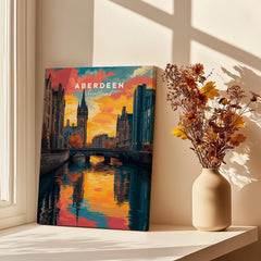 Aberdeen Scotland travel poster canvas art with sunset cityscape, perfect for home decor