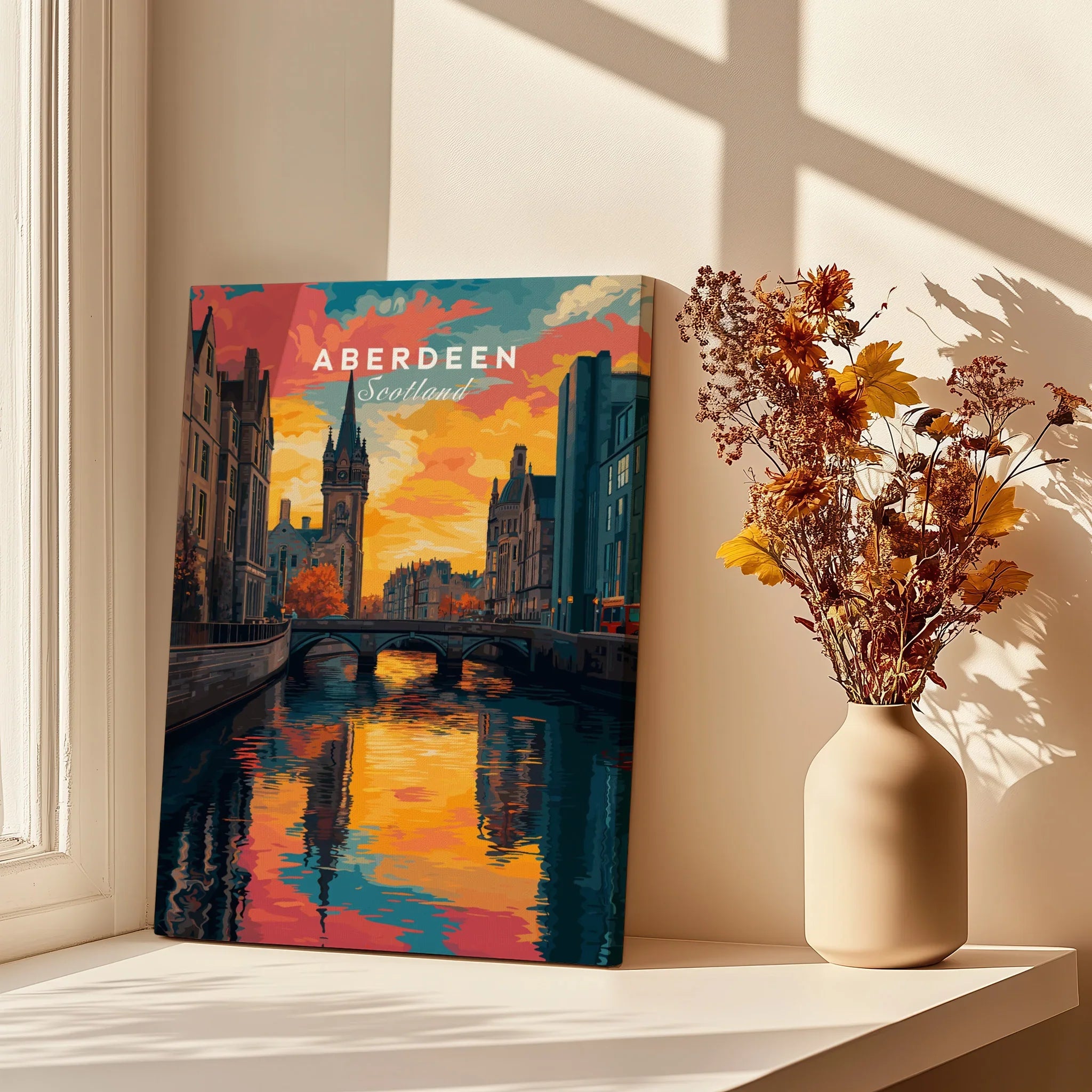 Aberdeen Scotland travel poster canvas art with sunset cityscape, perfect for home decor