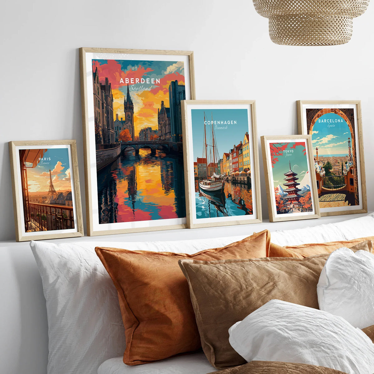 Framed city skyline art prints of Paris, Aberdeen, Copenhagen, Tokyo, Barcelona for home decor