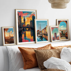 Framed city skyline art prints of Paris, Aberdeen, Copenhagen, Tokyo, Barcelona for home decor