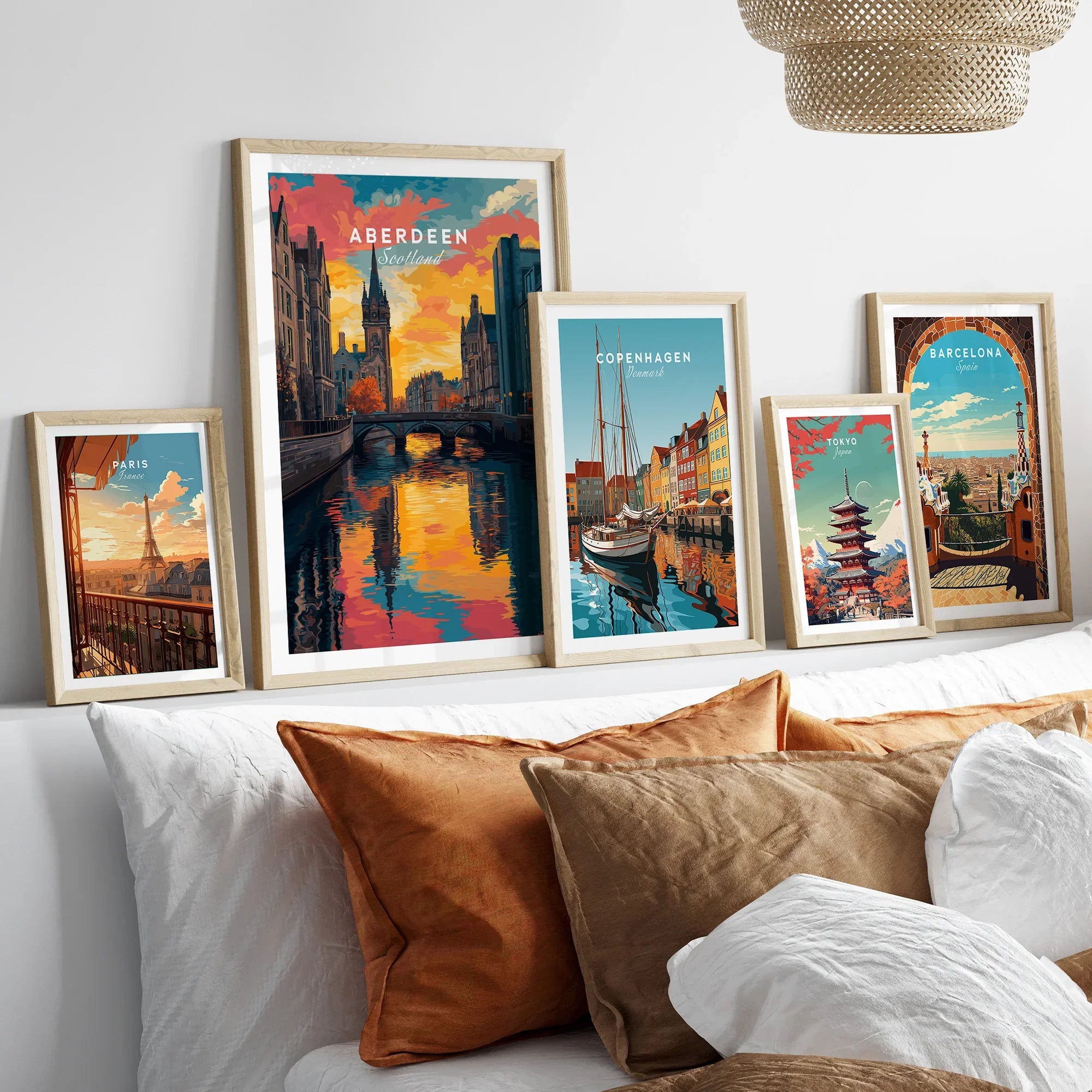 Framed city skyline art prints of Paris, Aberdeen, Copenhagen, Tokyo, Barcelona for home decor