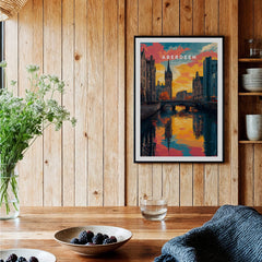 Aberdeen Scotland travel poster with canal, bridge, and sunset skyline, perfect wall art for home decor