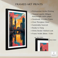 Framed Aberdeen Scotland travel poster art print with canal, sunset, and city skyline for wall decor