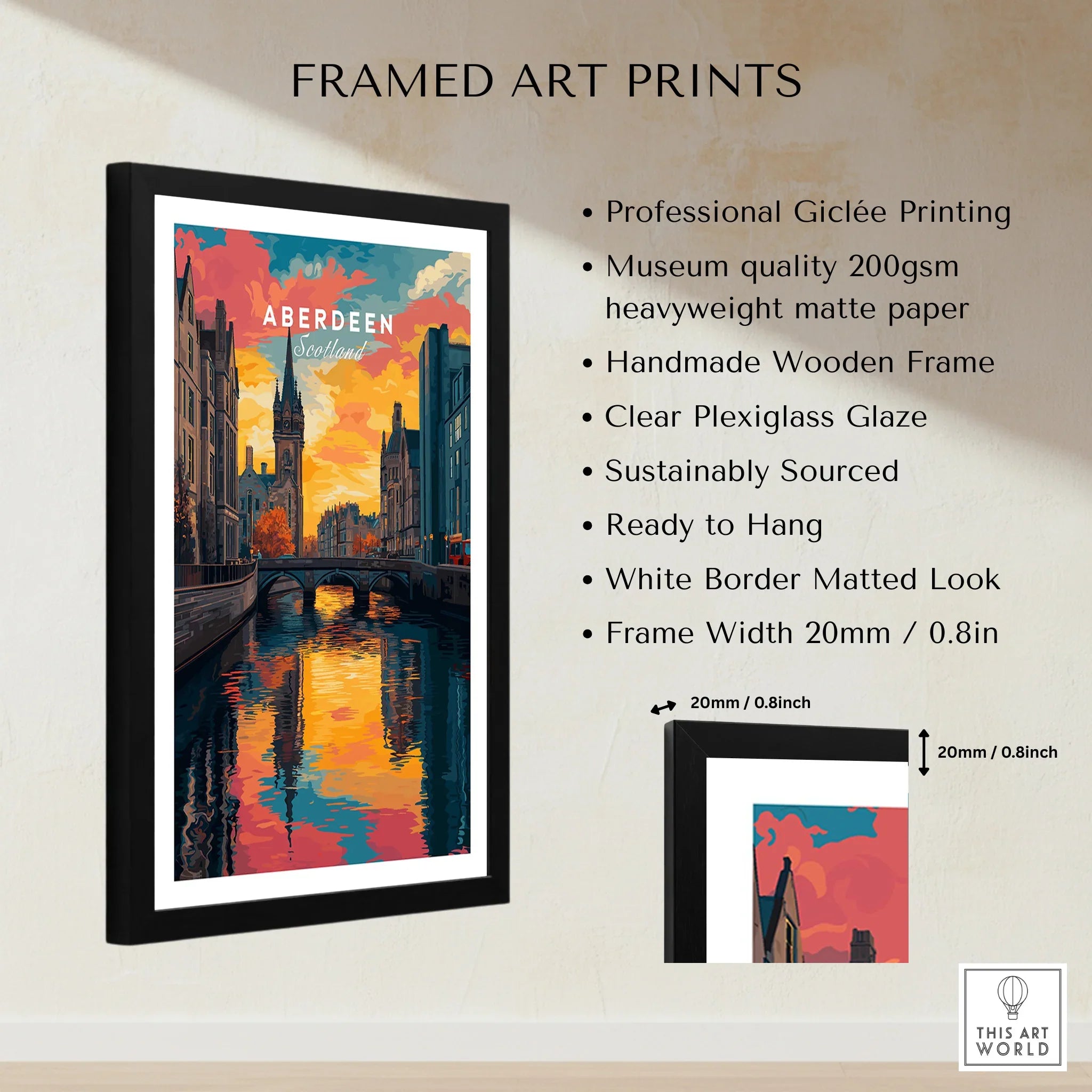 Framed Aberdeen Scotland travel poster art print with canal, sunset, and city skyline for wall decor