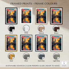Aberdeen Scotland cityscape wall art in eight frame colors: black, white, natural, brown, gold, silver, dark grey, light grey.