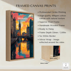 Aberdeen Scotland cityscape wall art print in wooden frame, vibrant sunset over canal, travel poster decor