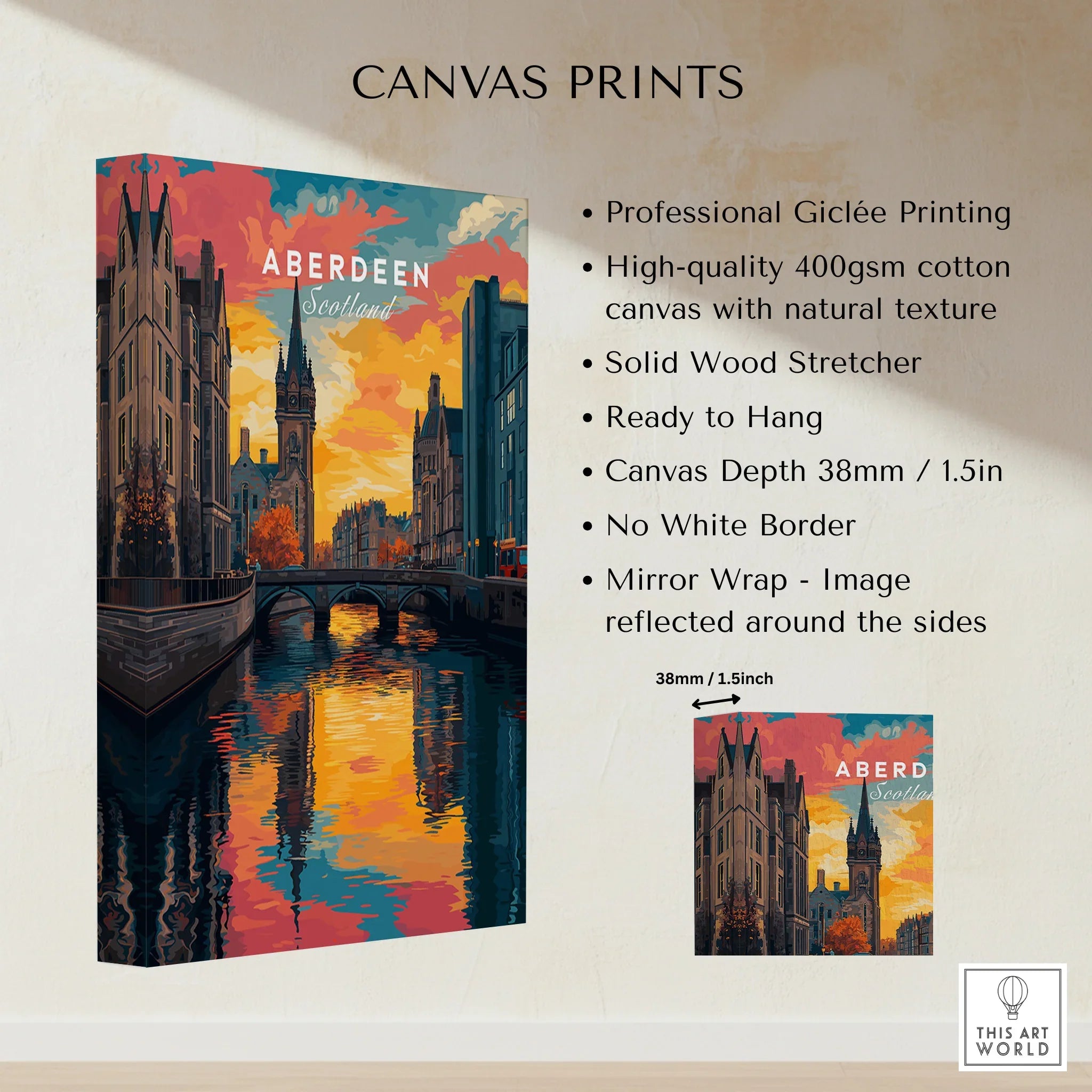 Aberdeen Scotland cityscape canvas print with vibrant sunset, river reflection, and historic architecture for wall art decor