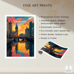 Aberdeen Scotland travel poster with canal, bridge, and sunset skyline, fine art print ready to frame