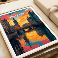 Aberdeen Scotland travel poster with vibrant sunset cityscape, river reflections, and framed wall art decor