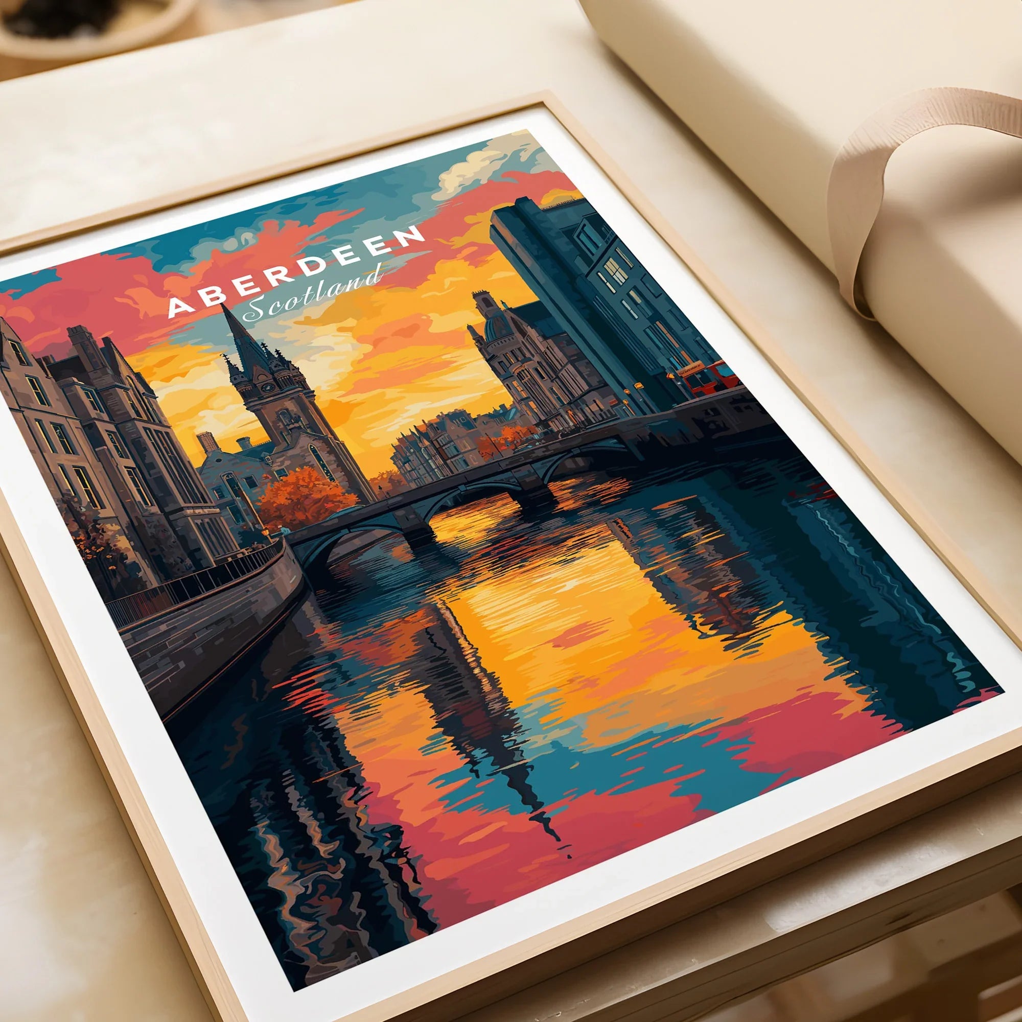 Aberdeen Scotland travel poster with vibrant sunset cityscape, river reflections, and framed wall art decor