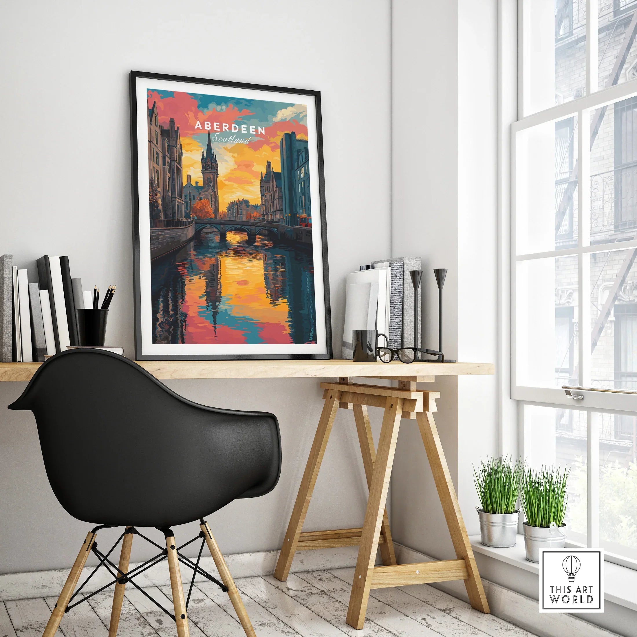 Aberdeen Scotland travel poster with vibrant sunset over river, displayed in modern home office as wall art