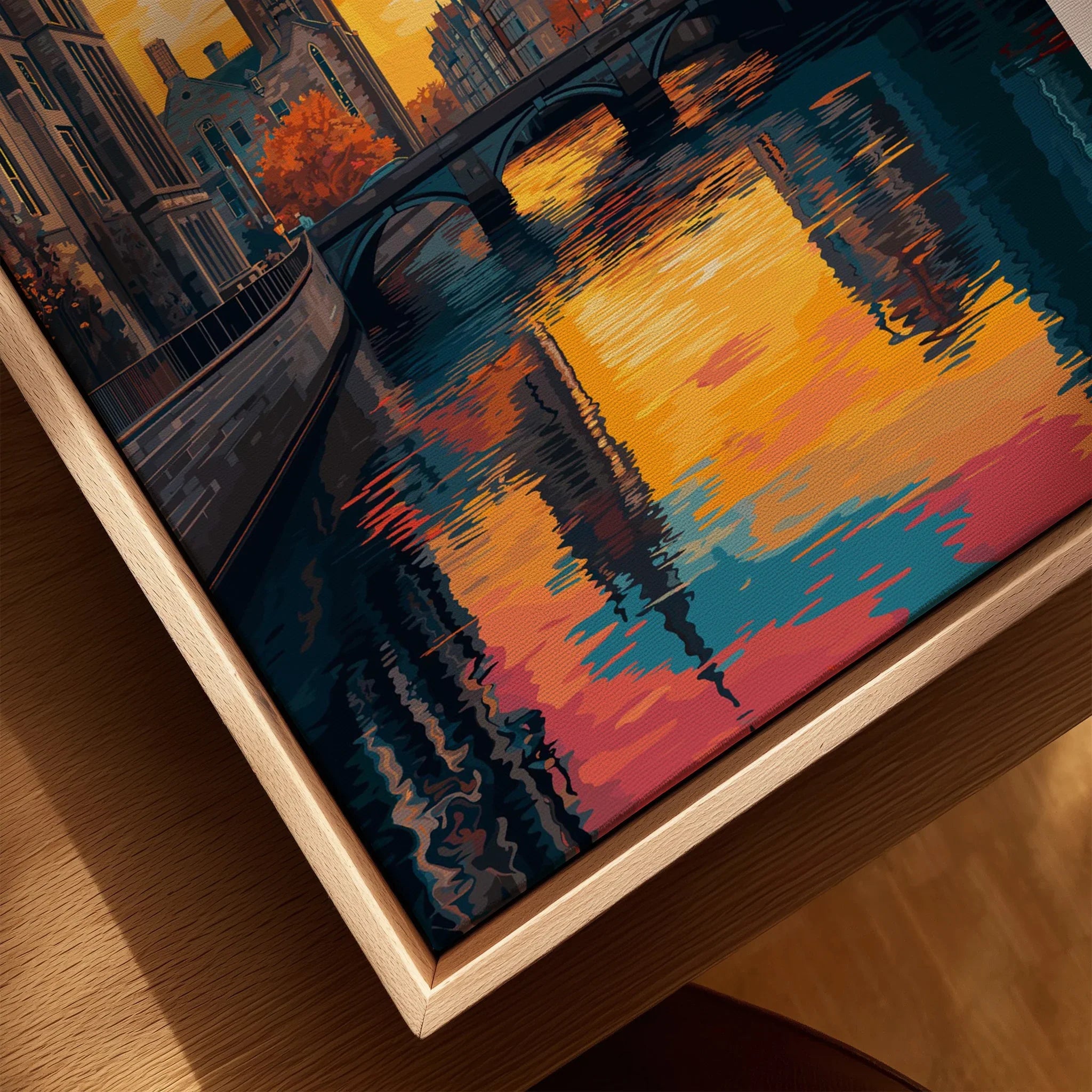 Framed city skyline wall art with river reflections, autumn colors, perfect for home decor