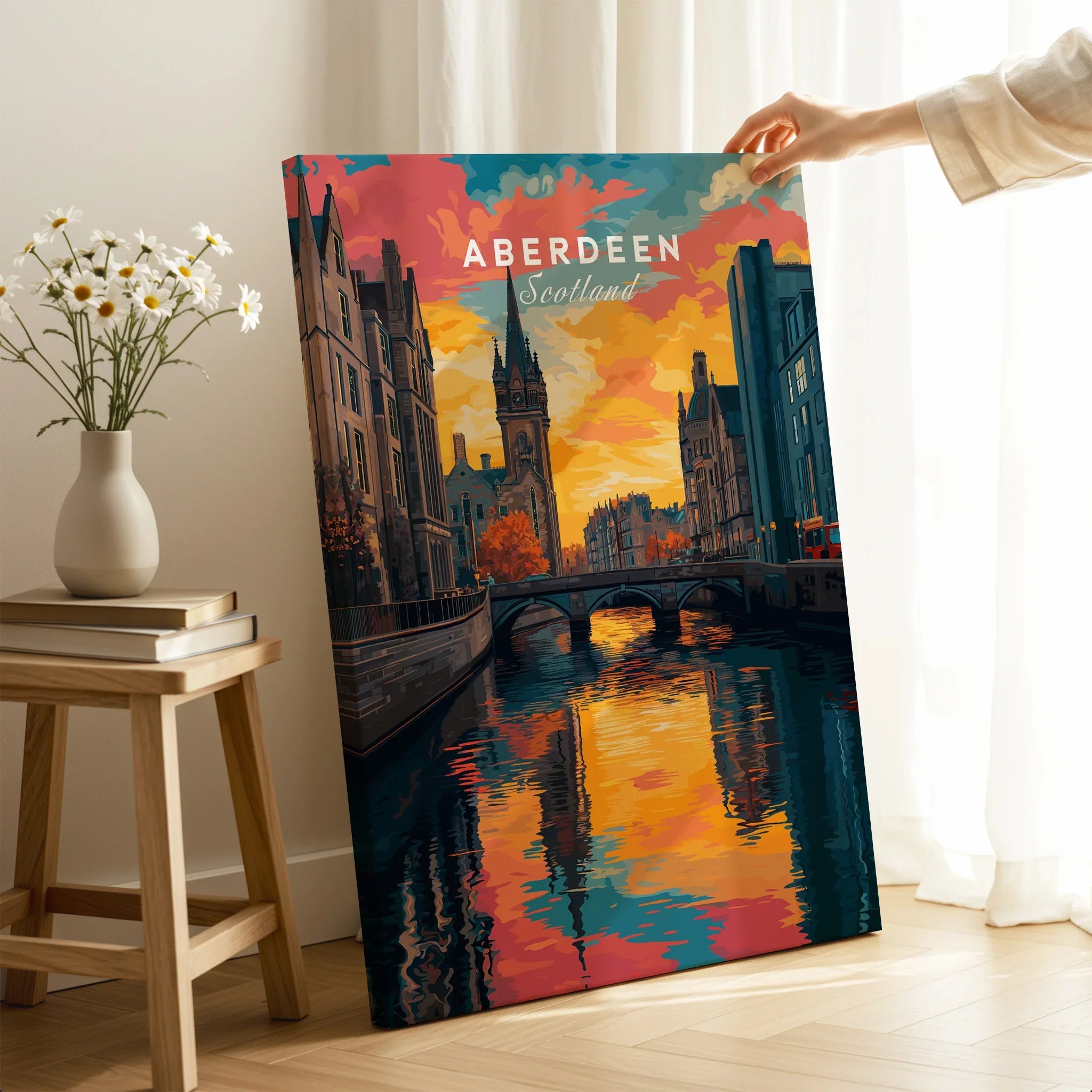 Aberdeen Scotland travel poster canvas art with vibrant sunset cityscape, perfect for home wall decor