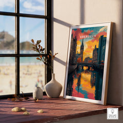 Aberdeen Scotland travel poster with vibrant sunset over canal, perfect for home wall art decor