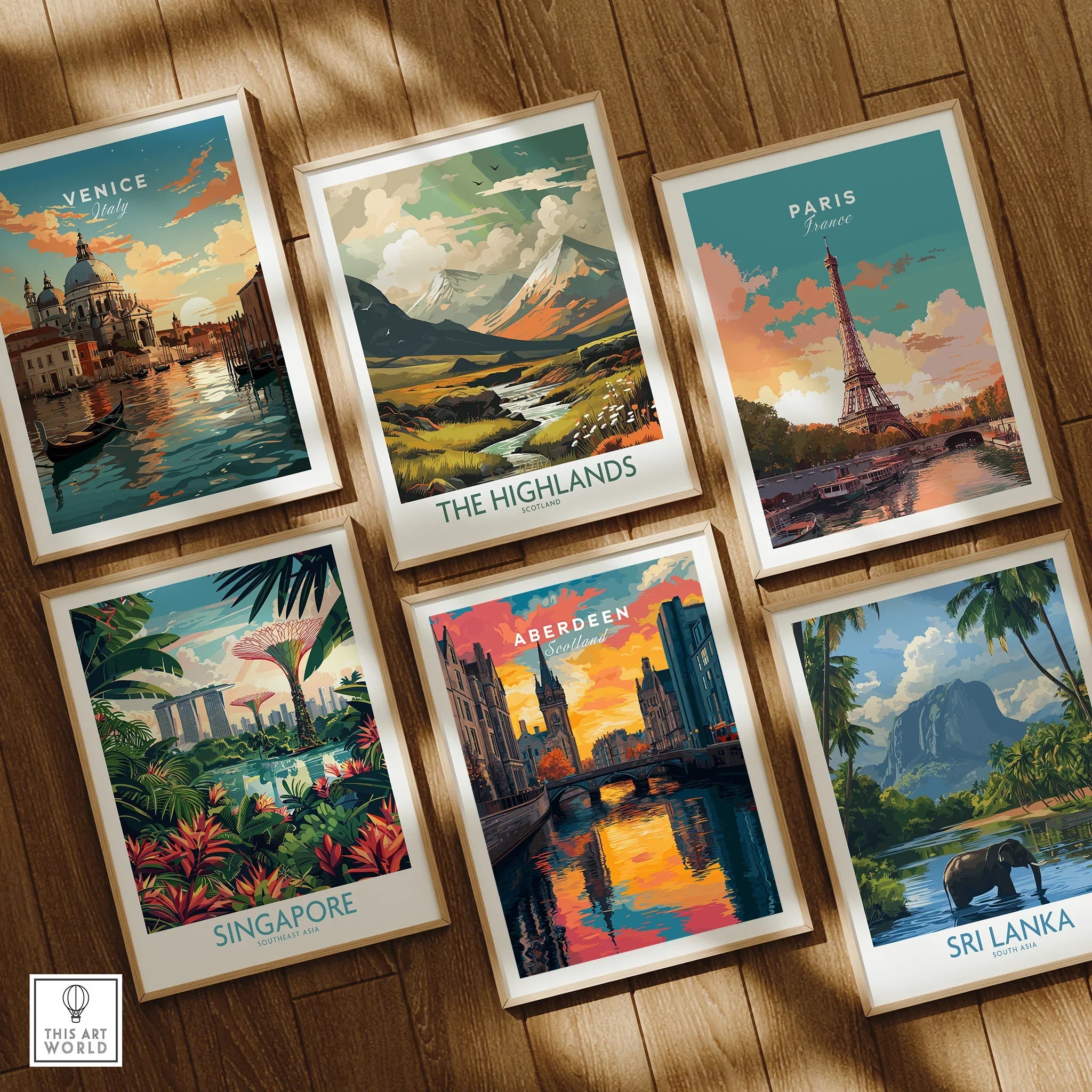 Travel posters featuring Venice, Paris, Singapore, and more for home decor wall art
