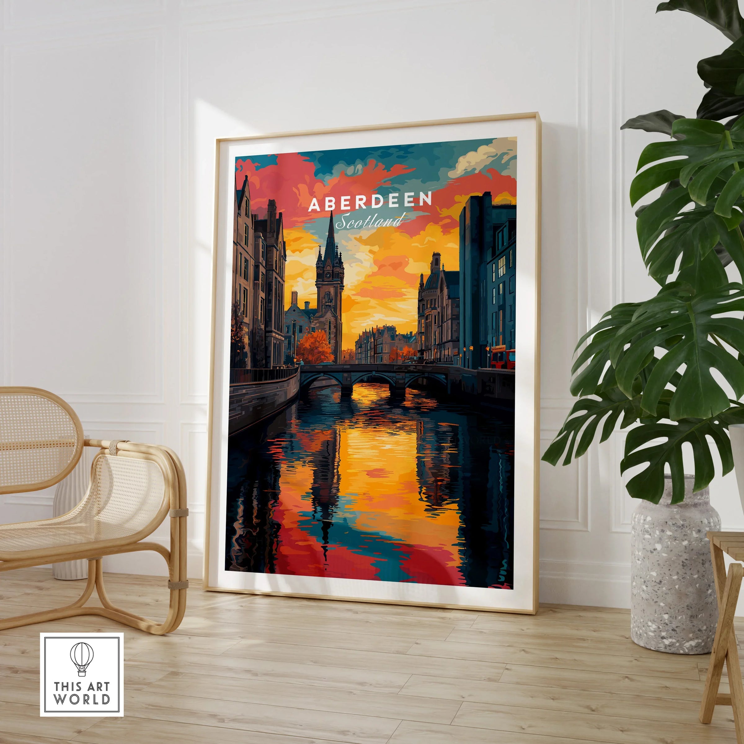 Aberdeen Scotland travel poster with vibrant sunset cityscape, river reflections, and skyline art for home decor