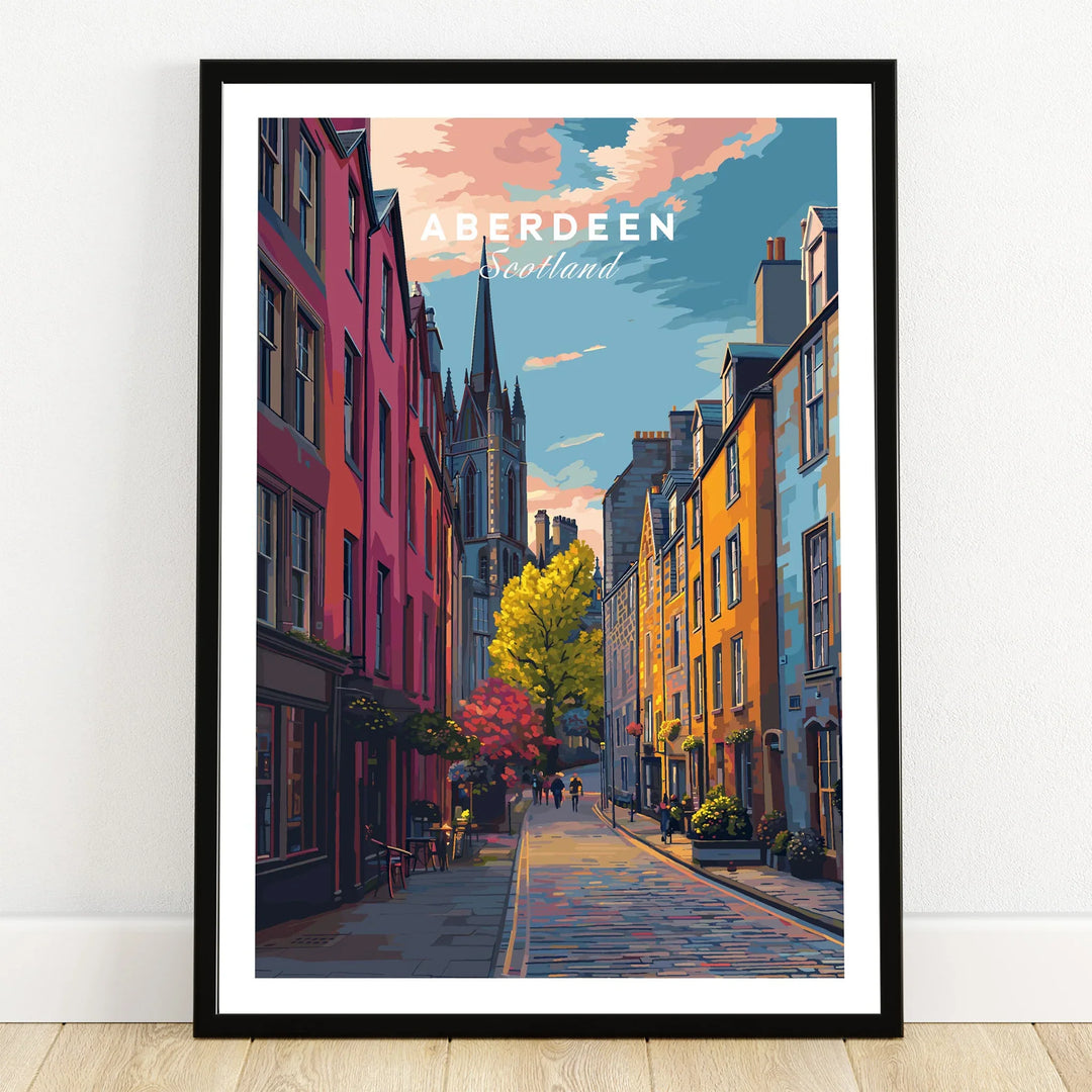 Aberdeen Scotland travel poster art print with colorful street scene and church spire, perfect wall decor