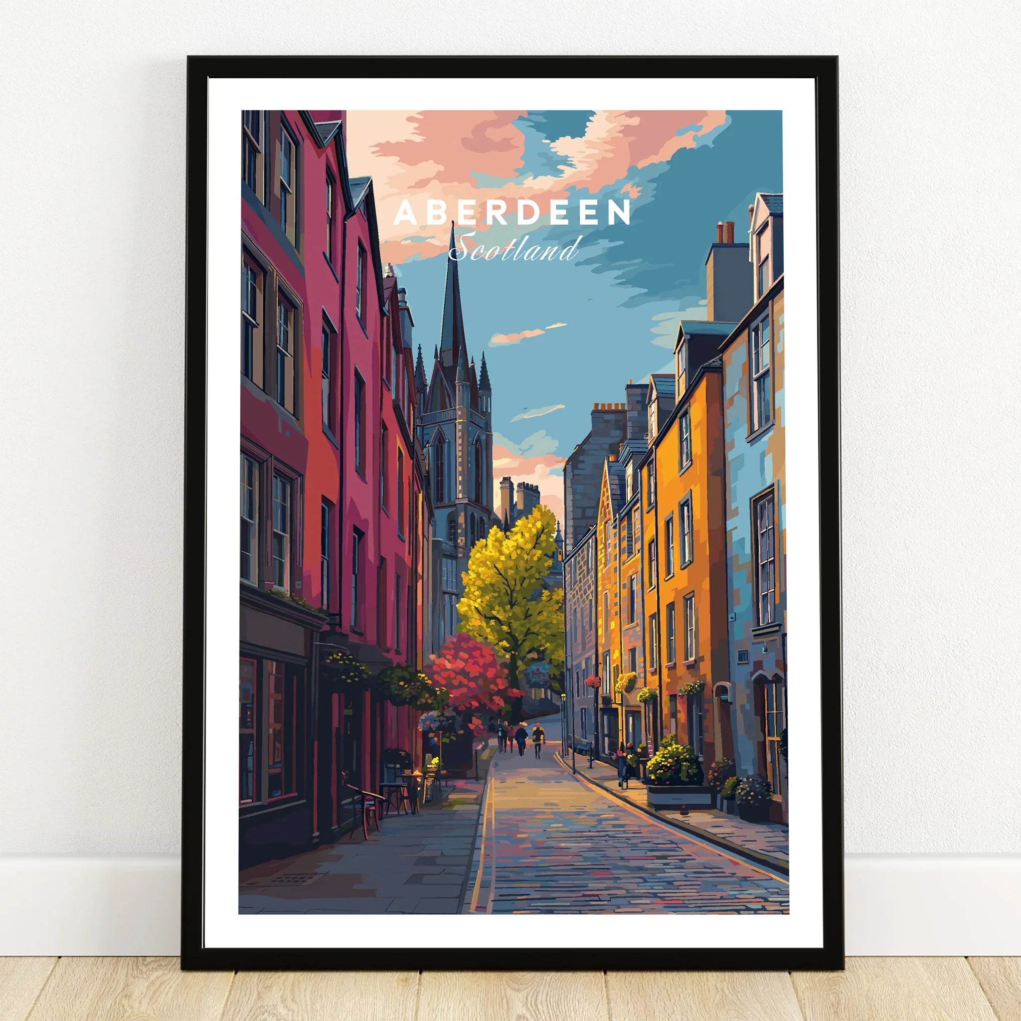 Aberdeen Scotland travel poster art print with colorful street scene and church spire, perfect wall decor