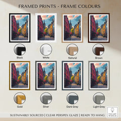 Aberdeen Scotland travel poster in eight frame colors: black, white, natural, brown, gold, silver, dark grey, light grey