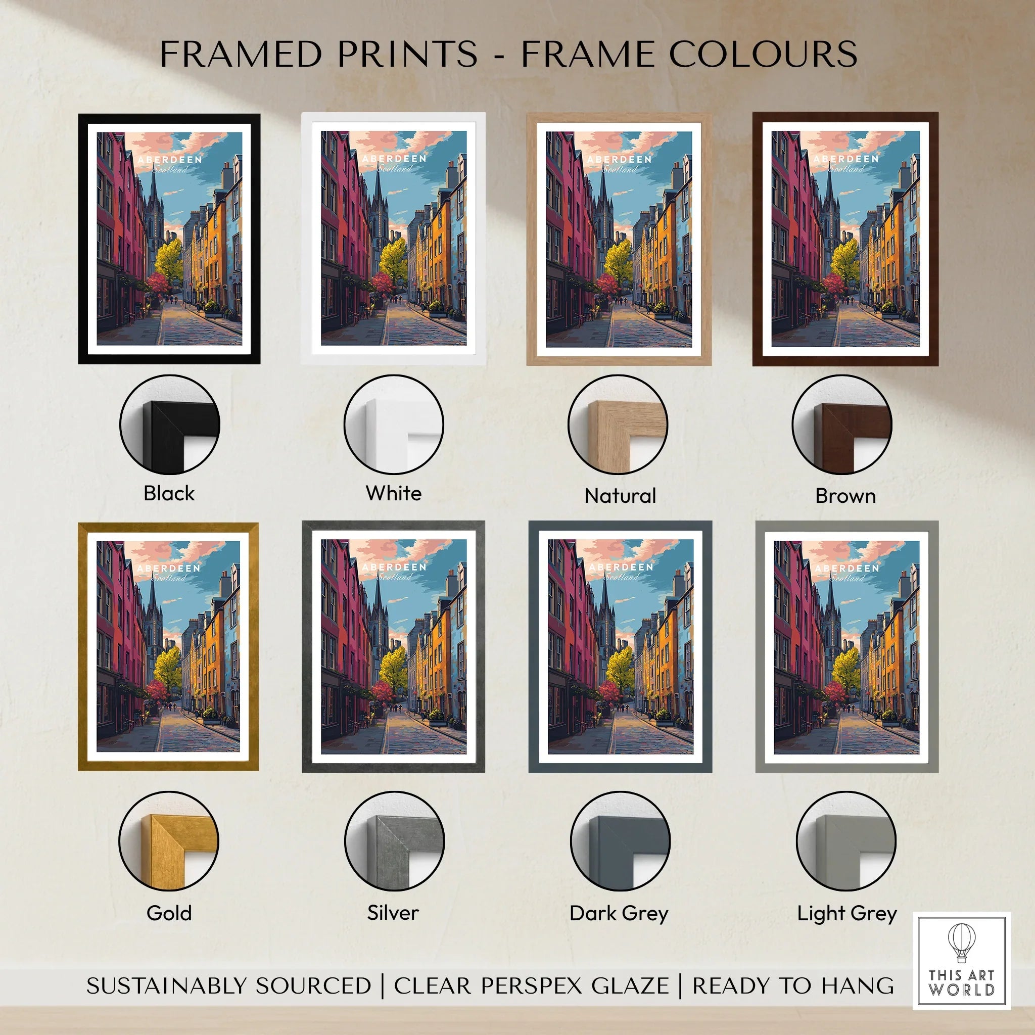 Aberdeen Scotland travel poster in eight frame colors: black, white, natural, brown, gold, silver, dark grey, light grey