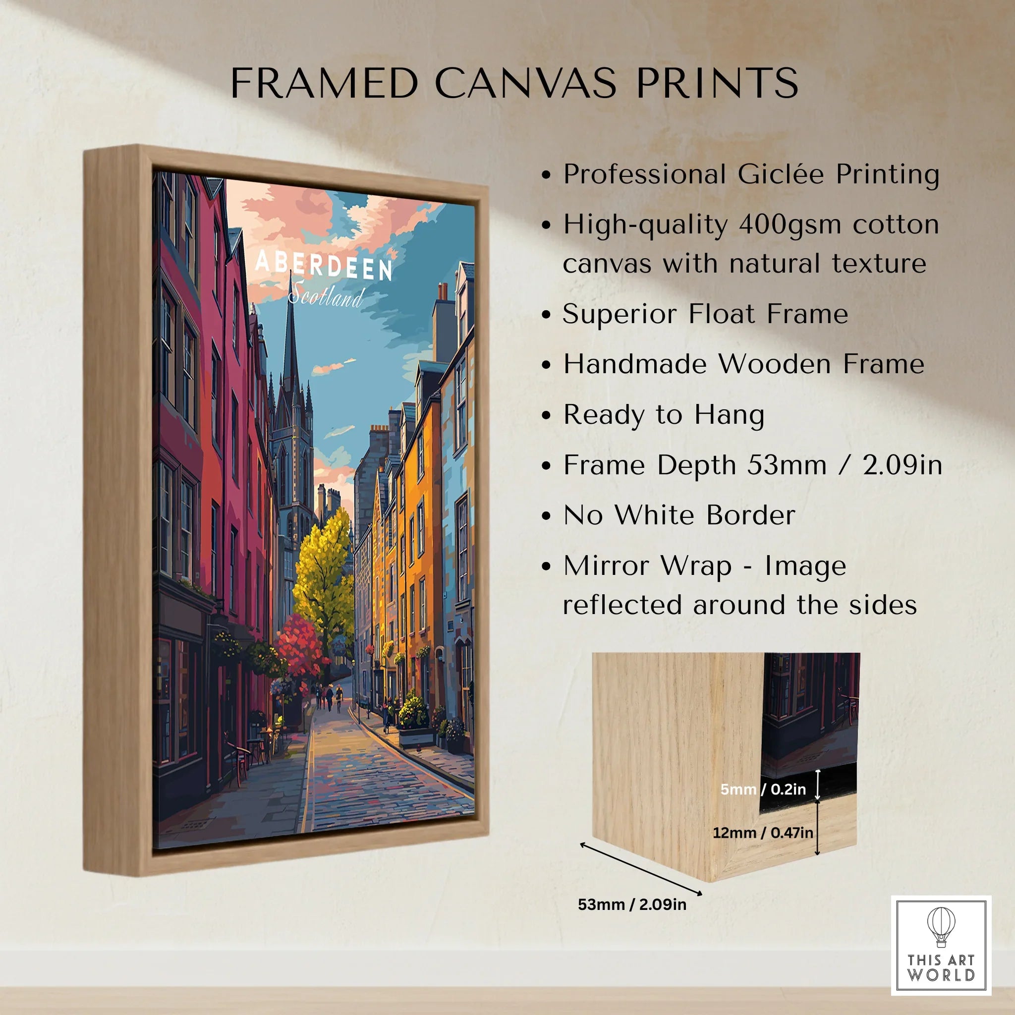 Aberdeen Scotland travel poster in wooden frame, vibrant city street art for home decor