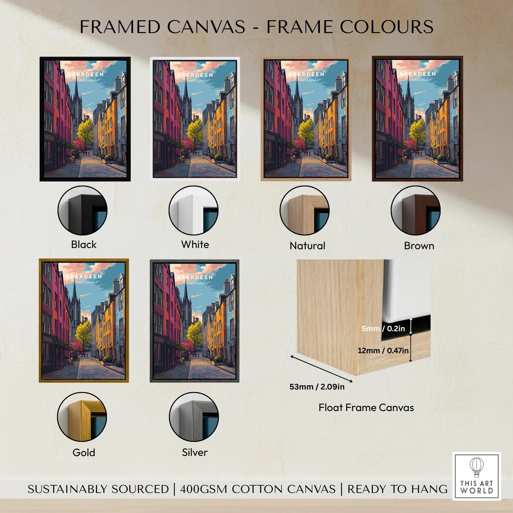 Aberdeen Scotland travel poster in black, white, natural, brown, gold, and silver float frames, ready to hang