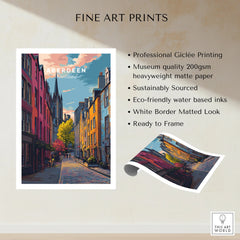 Aberdeen Scotland travel poster print with colorful street scene, white border, ready to frame wall art