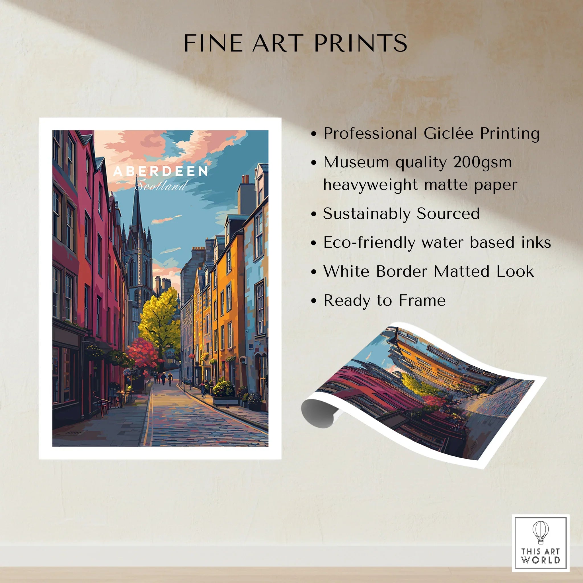 Aberdeen Scotland travel poster print with colorful street scene, white border, ready to frame wall art