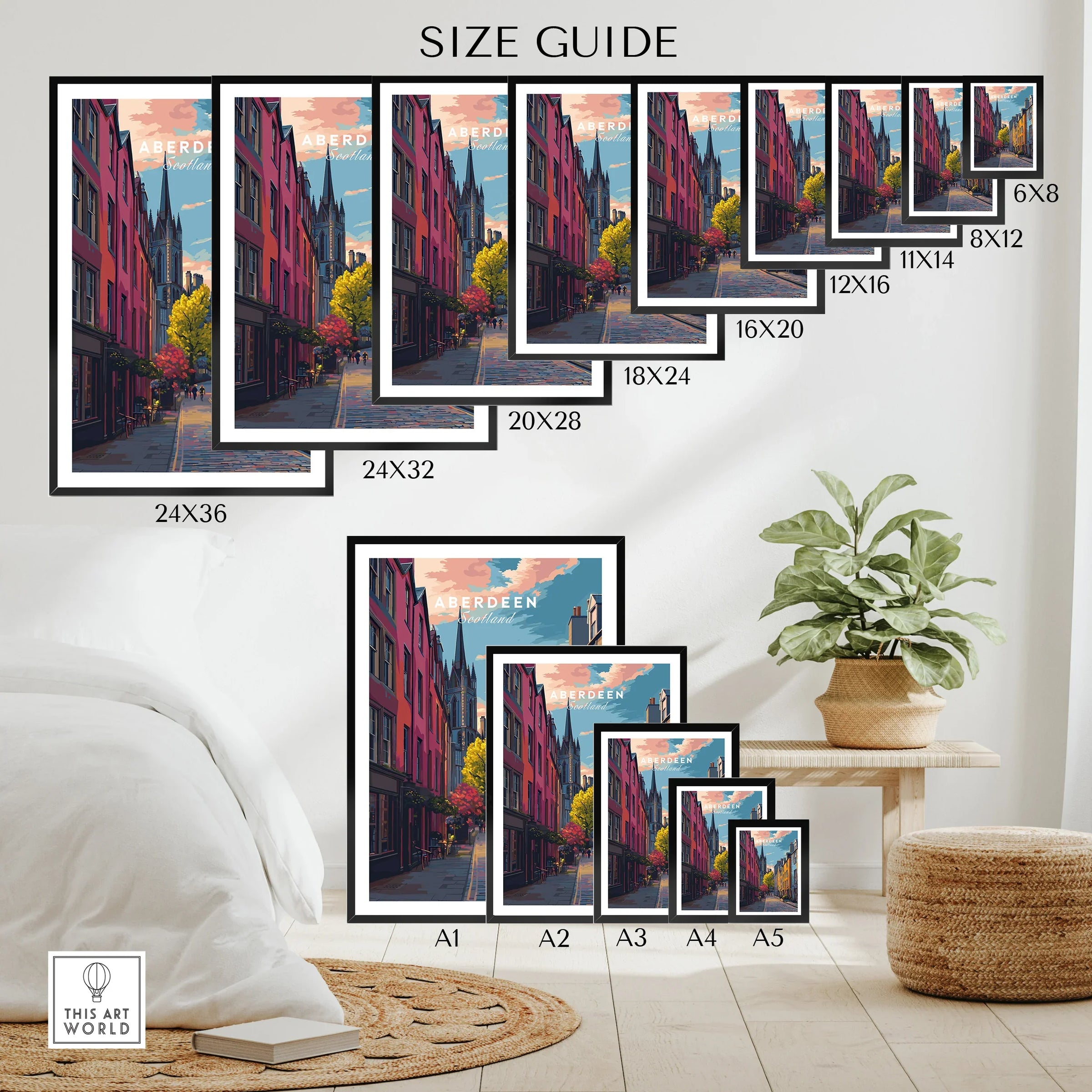 Aberdeen Scotland travel poster size guide, wall art print options for home decor