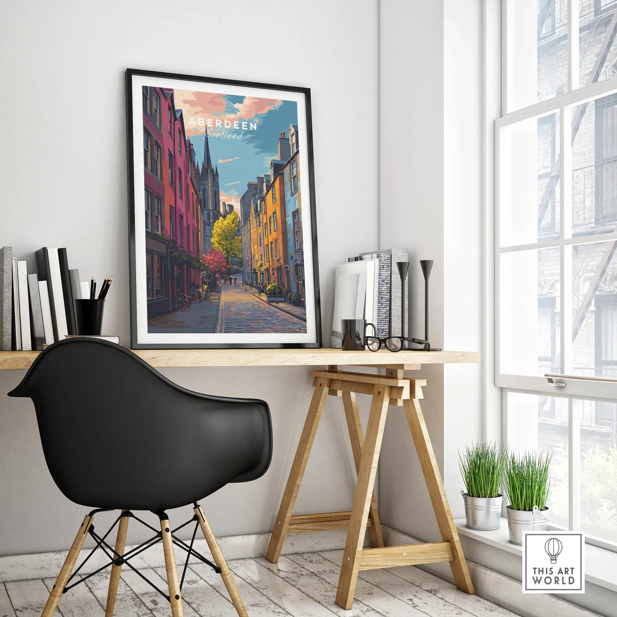 Aberdeen Scotland travel poster print with colorful city street art, perfect for home decor wall art.