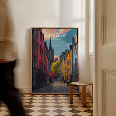 Aberdeen Scotland travel poster wall art with colorful street scene, perfect for home decor